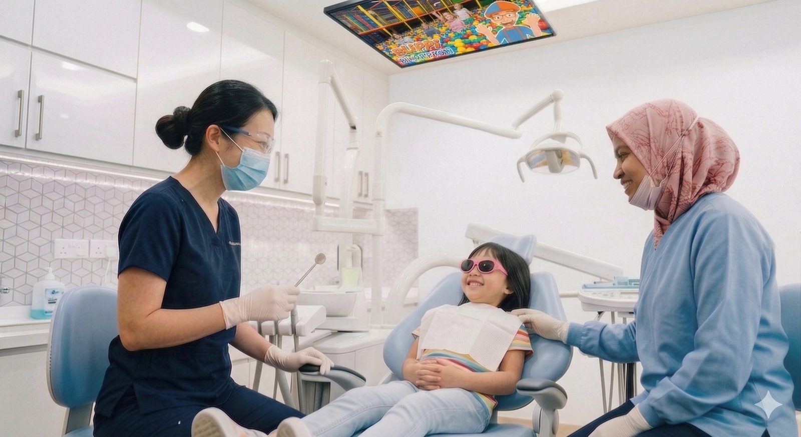 Smiling child in the dental chair with Ting Dental Clinic dentists, watching a ceiling TV